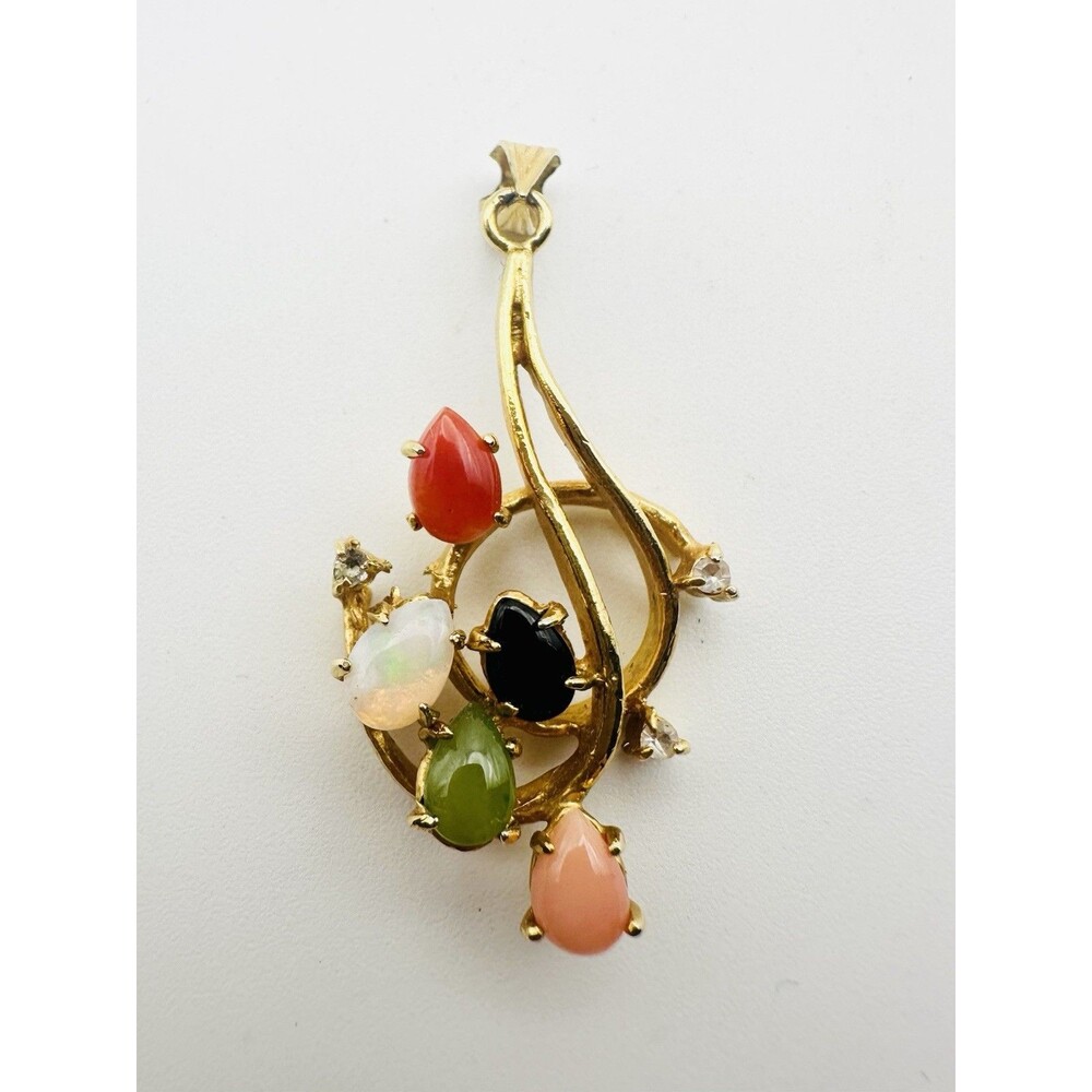 Vintage Coral Jade Opal Onyx Pendant Gold Tone